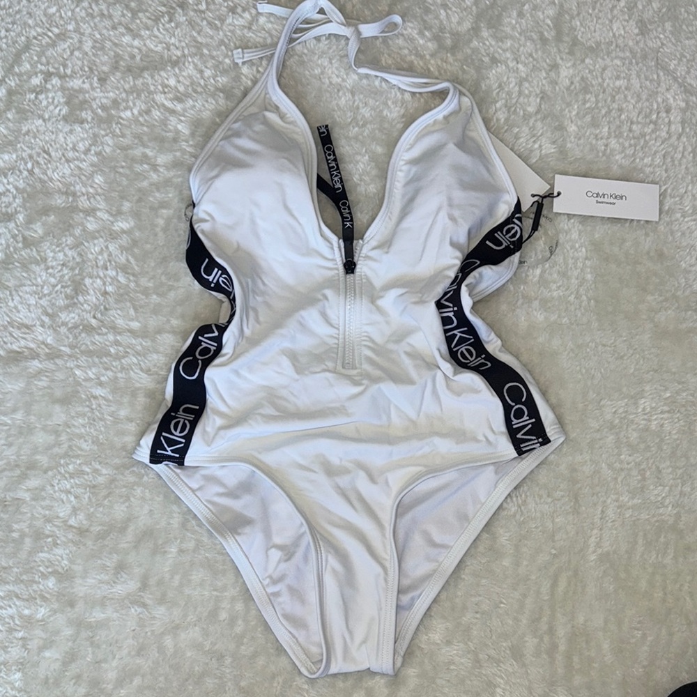 NWT Calvin Klein White One Piece Swimsuit with Plunging V-Neckline